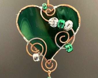 Green Beaded Heart Glass Window Ornament