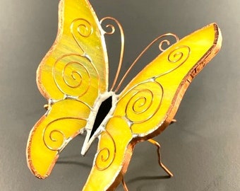 Yellow Glass Resting Butterfly Sculpture