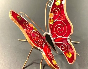 Red Glass Resting Butterfly Sculpture