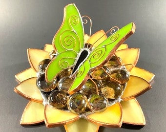 Lime Green Butterfly & Sunflower Sculpture