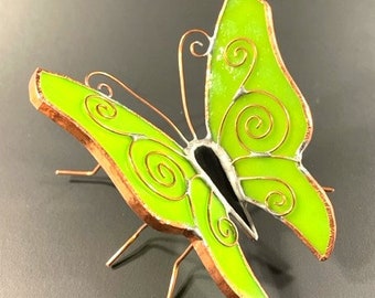 Lime Green Glass Resting Butterfly Sculpture