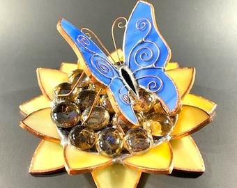 Light Blue Butterfly & Sunflower Sculpture