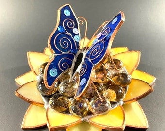 Cobalt Butterfly & Sunflower Sculpture