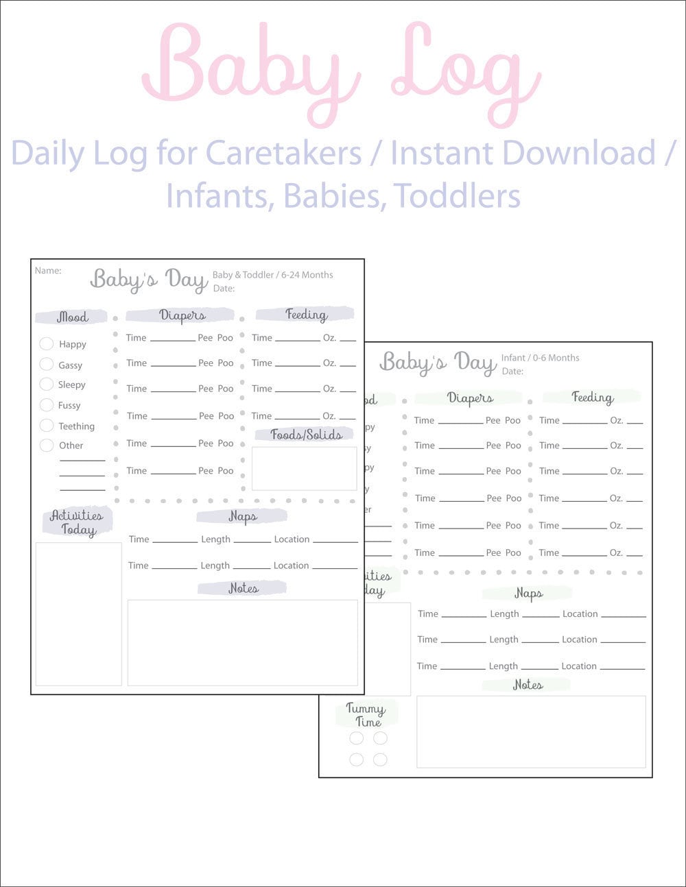 Daily Log for Baby, Childcare Log, Babies Schedule, Instant Download