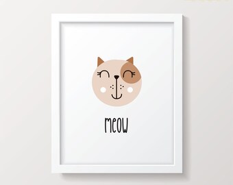 Cat Nursery Print, Cat Art, Playroom Decor, Meow Quote, Nursery Wall Art, Animal Nursery, Kids Prints, Printable Nursery Decor