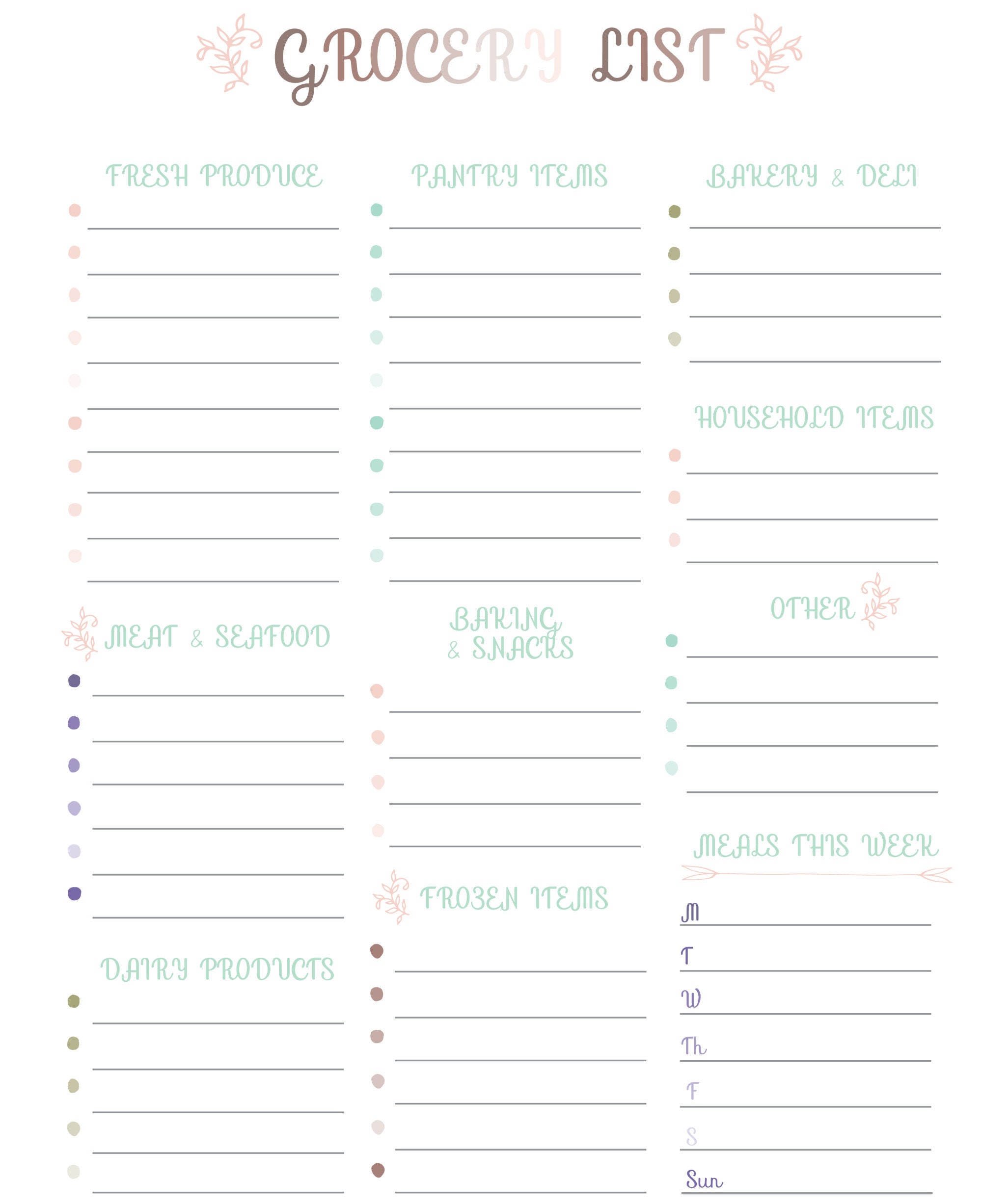 grocery list printable pdf instant download shopping etsy