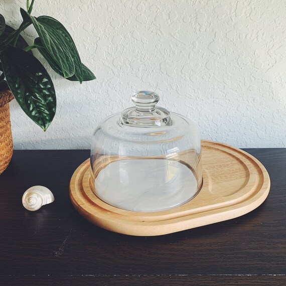 Vintage Glass Cheese Dome Plate With Light Wood Base Etsy