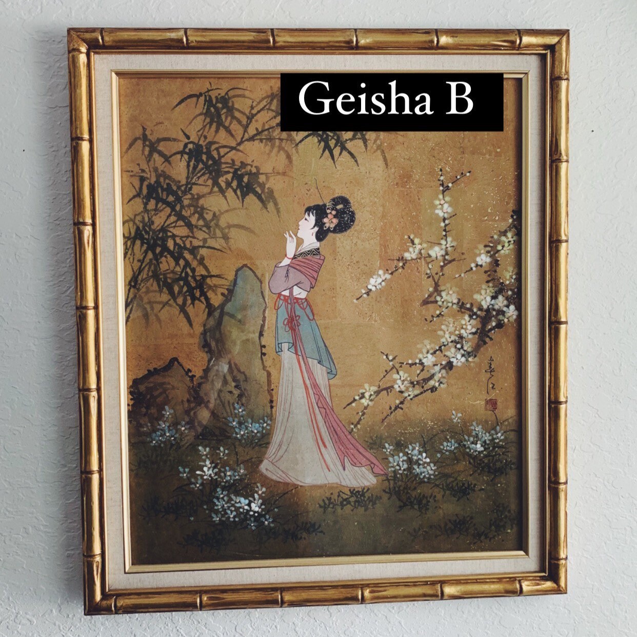 Vintage Japanese Gold Bamboo Framed Geisha Print Etsy