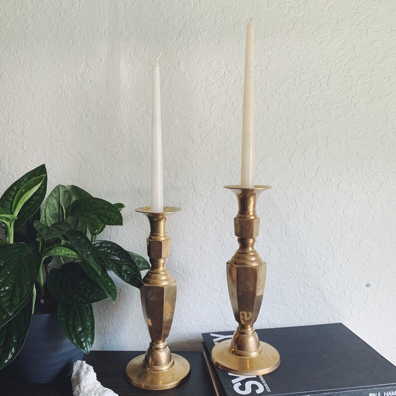 Vintage Set of Two Large Brass Candlestick Holders with Point
