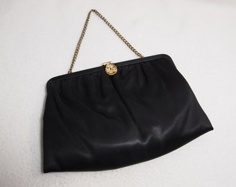 Mid Century 50's BLACK SATIN Evening Bag Kiss Lock Closure 