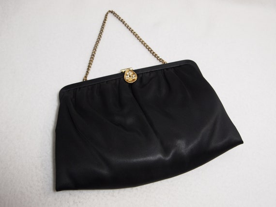 Mid Century 50's BLACK SATIN Evening Bag Kiss Lock Closure 