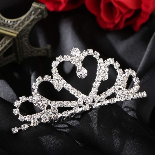 PRINCESS flower girl silvertone HEART RHINESTONE tiara has builtin comb to hold into hair