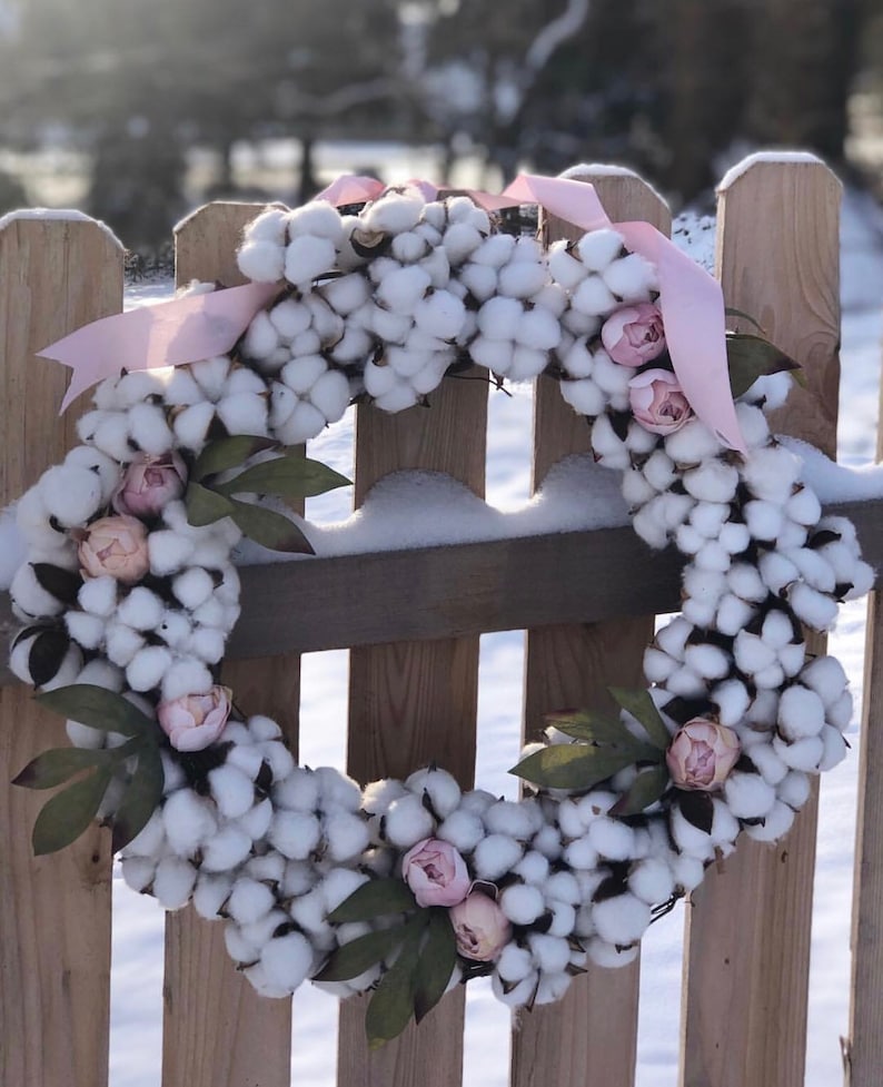 Spring wreath Cotton wreath peony wreath valentines day wreath easter wreath grapevine wreath door wreath rustic wreath