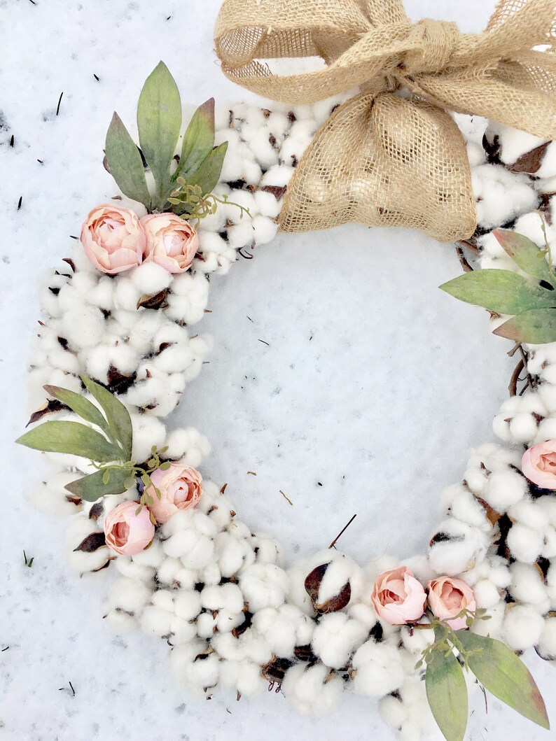 Spring wreath Cotton wreath peony wreath valentines day wreath easter wreath grapevine wreath door wreath rustic wreath