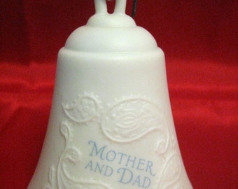 Vintage Christmas, Mother and Dad White Ceramic Bell Ornament, Antique, Dated 1985