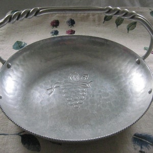 Vintage Grapes Hammered Aluminum Dish, Tray, Basket, Twisted Handle, Buenilium, 1950&#39;s, Home Decor, Weddings, Centerpiece
