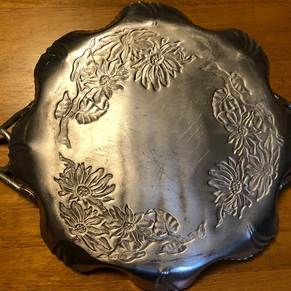 Aluminum Round Serving Tray, Hammered Aluminum, Chrysanthemums, Twisted Handles, 13.5 inches diameter, 17 inches with handles