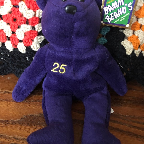 Mark McGwire #25 Beanie Plush Bear, Issued Aug, 1998, Purple Bear, Baseball Collectible, Bamm Beano's