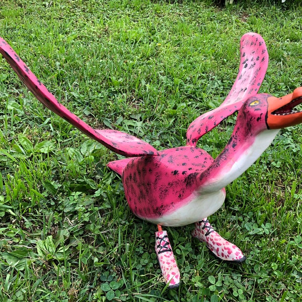 Large Pink Black Spots Wooden Carved Goose wearing Shoes Unusual, Unique Craft