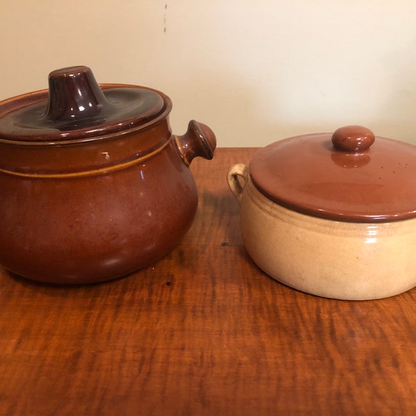 Set of Two Brown, Tan Ovenproof Stoneware Soup Bowls with Lids, Handles, Vintage, Pottery, Country Kitchen, Onion soup bowl