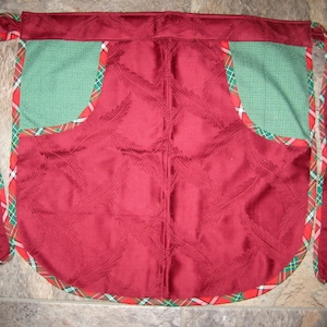Vintage Handmade Holidays Waist Apron, Maroon/Red and Green Tie at the Waist Apron with Deep Pockets, Christmas