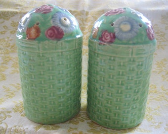 Green, Floral Salt and Pepper Shakers, Vintage, Pink Blue Orange Flowers, Green Weave Pattern