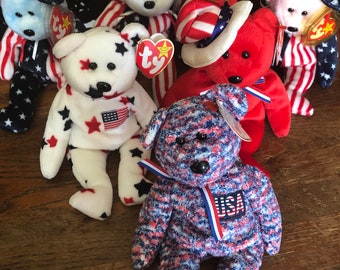 TY Beanie Babies, USA Patriotic Bears, Spangle, Sam, USA, Glory, Stars and Stripes, Red White Blue, Independence Day, 4th of July