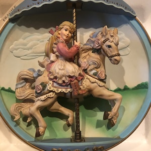 Bradford Exchange Carousel Daydreams, Girl Horse Merry Go Round,  Wind-up Music Box tune “Swept Away”, On Off Switch, Up and Down Movement