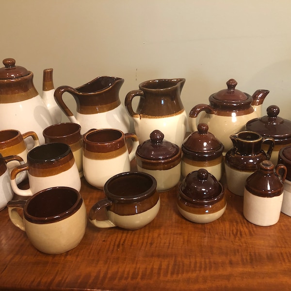 18 Piece Vintage Lot, 3-Tone , Stoneware Pottery, Brown Tones, Coffee Pot, Tea Pot, Water Pitchers, Jug, Mugs, Crock, Sugar Bowls, Creamer