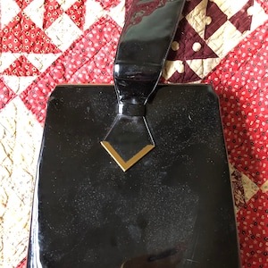 Black Evening Handbag, Purse, Vintage, Retro, Patent Leather, Snap Closure, Top Handle, 1950&#39;s, Attached Change Purse on Inside