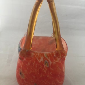 Murano Hand Blown Glass Purse, Art Sculpture, Heavy Glass Figure Shape of Purse, Orange Swirl
