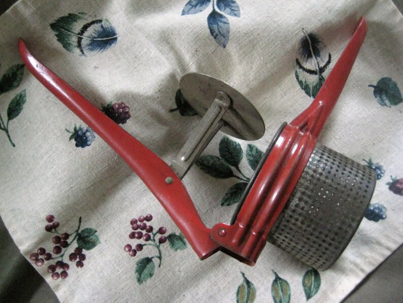 Vintage Kitchen Press, Juicer, Potato Masher, Ricer, Red Handle, 1950's Kitchen image 2