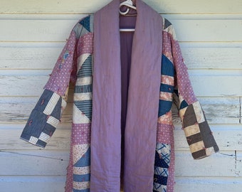 1940s Paths and Stiles Quilt Duster // Handmade Coat Made From Antique Quilt // Quilt Jacket // One Size // Long Coat // Chore Coat
