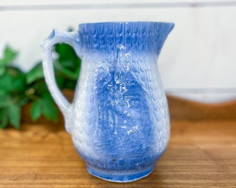 1800s Salt Glazed Stoneware Pitcher // Blue Fish Scale Monastery Pattern // Farmhouse // Prairie // Country // Vignette // Antique