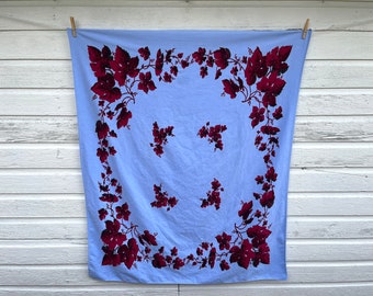 1950s Floral Tablecloth // Vintage Kitchen // Blue and Red // Leaves // Mrs Maisel // 52 x 62 // Rectangular