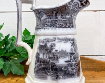 Antique Ironstone Transferware Pitcher // W. Adams & Son Athens // Farmhouse // Home Dec // Prairie // Country // Vignette // 1800s