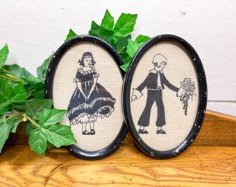 1920s Pair Framed Needlework Boy and Girl // Farmhouse // Vignette // Country // Prairie // Antique Home Decor // Wall Art