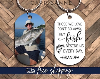May include: A silver key chain with two oval-shaped tags. One tag features a photo of a man holding a fish. The other tag has the text "Those we love don't go away, they fish beside us every day. -Grandpa".