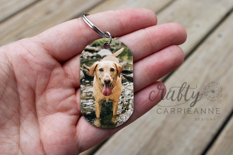 Op de afbeelding: Een gele Labrador Retriever met zijn tong naar buiten stekend staat in een ondiepe beek. De hond zit aan een sleutelhanger met een zilveren ovaalvormig label.