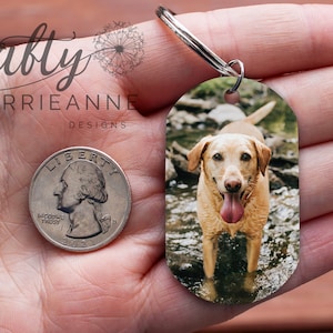 Op de afbeelding: Een sleutelhanger in de vorm van een hond met een foto van een golden retriever die in een beek staat. De sleutelhanger is ongeveer zo groot als een Nederlandse 2 euro munt.