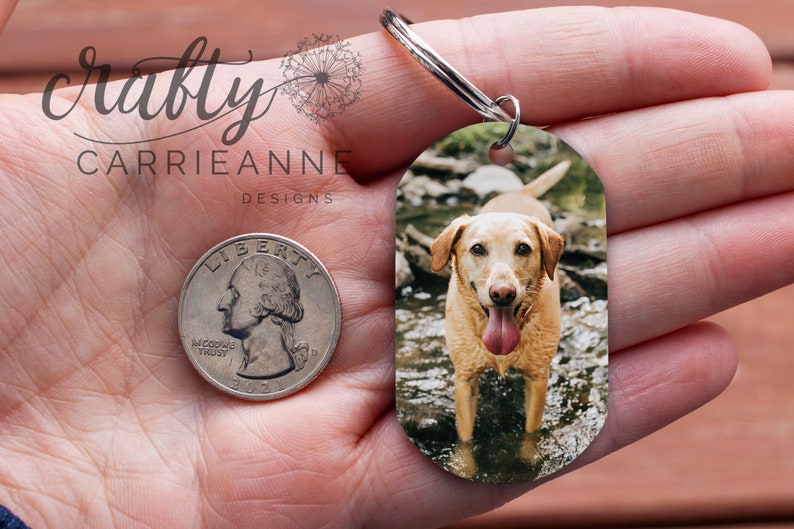 Op de afbeelding: Een sleutelhanger in de vorm van een hond met een foto van een golden retriever die in een beek staat. De sleutelhanger is ongeveer zo groot als een Nederlandse 2 euro munt.