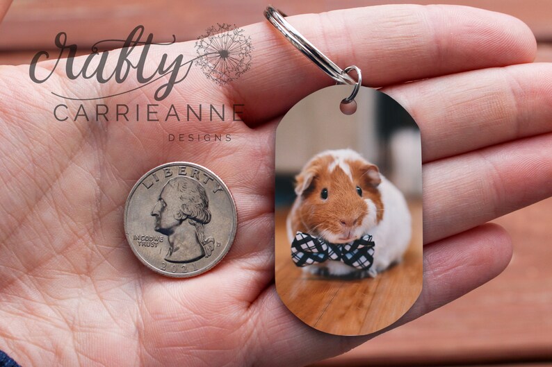 May include: A brown and white guinea pig wearing a black and white bow tie is pictured on a keychain. The keychain is oval shaped and is about the size of a UK 20 pence coin.