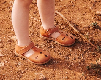 Leather Kids Sandal - Possum01 | Genuine Leather Waxed | Tan Brown Sandal | Toddler Sandal | Girls Sandal | Boys Sandal | Rubber Sole