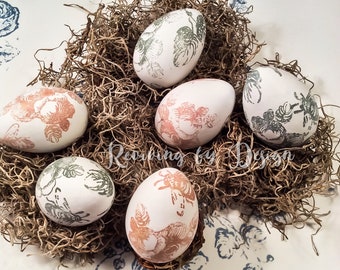 Handmade Floral Easter Eggs, Shabby Chic Ornaments, Set of 6