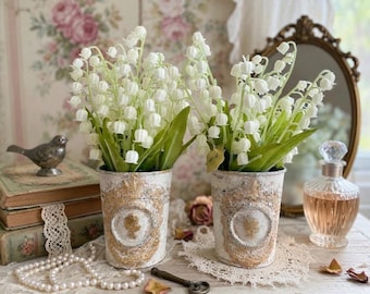 Handmade Lifelike Lily of the Valley Arrangement, Antique Look Shabby Chic Pot, Romantic Brocante Decor