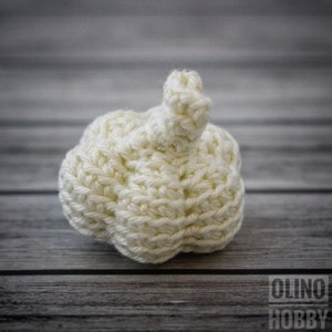 Puede incluir: Una calabaza blanca de ganchillo con un tallo. La calabaza est&aacute; hecha con un punto texturizado y tiene una forma redondeada.