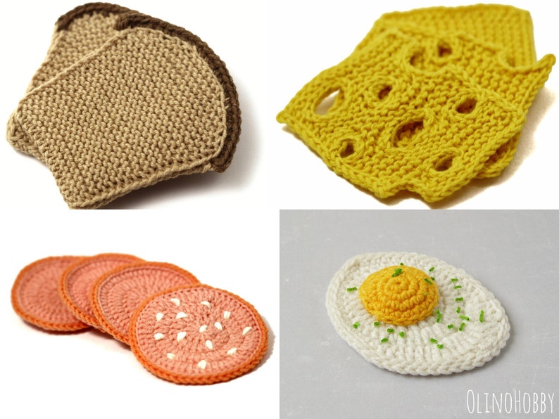 BREAKFAST Crochet&Knitting Patterns Set 4-in-1 eggs, bread, cheese, sausage image 6