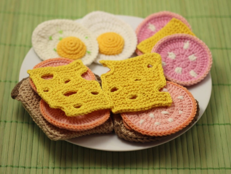 BREAKFAST Crochet&Knitting Patterns Set 4-in-1 eggs, bread, cheese, sausage image 3