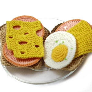 BREAKFAST Crochet&Knitting Patterns Set 4-in-1 eggs, bread, cheese, sausage image 4