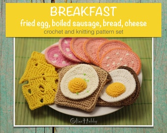 BREAKFAST Crochet Knitting Patterns Set PDF - Crochet fried egg, Crochet boiled sausage, Knitted bread, Knitted cheese, Amigurumi Play Food